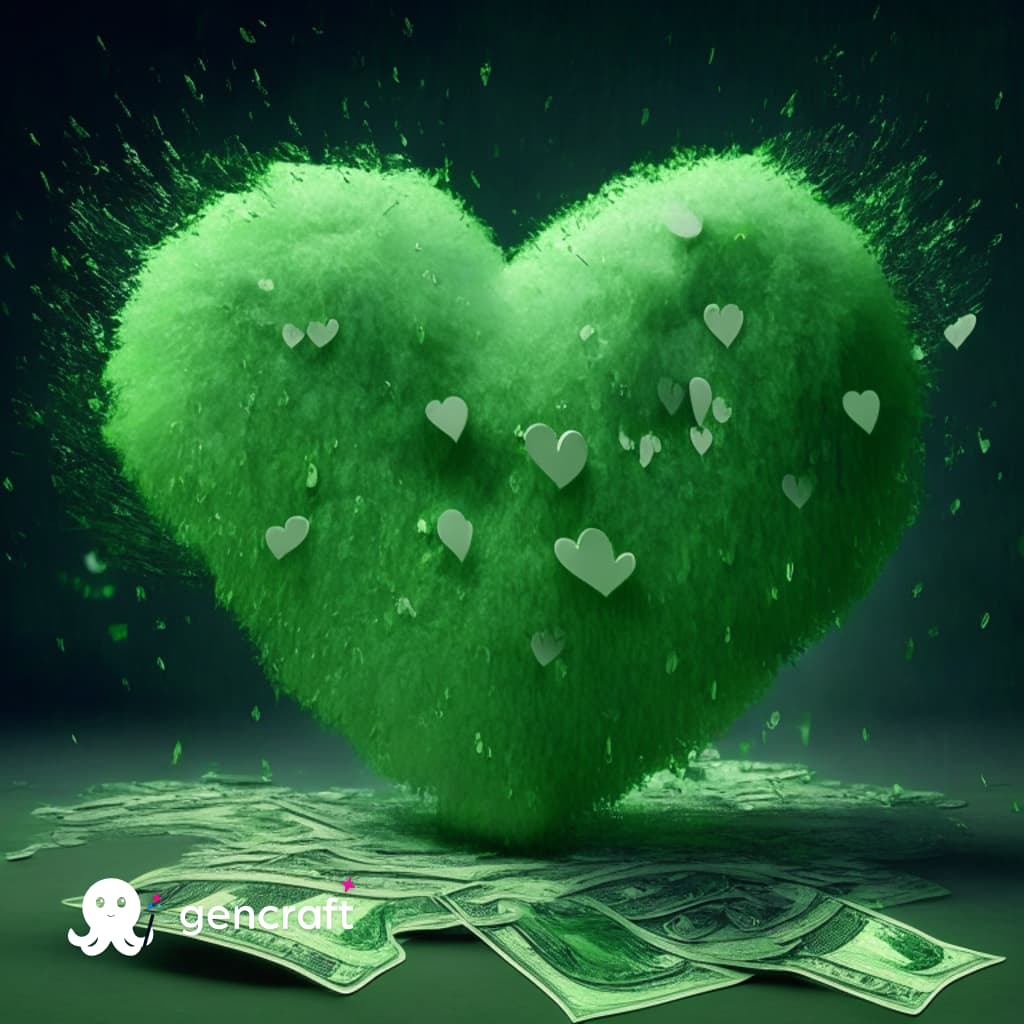 rainning dollars building into a fluffy giant green heart.