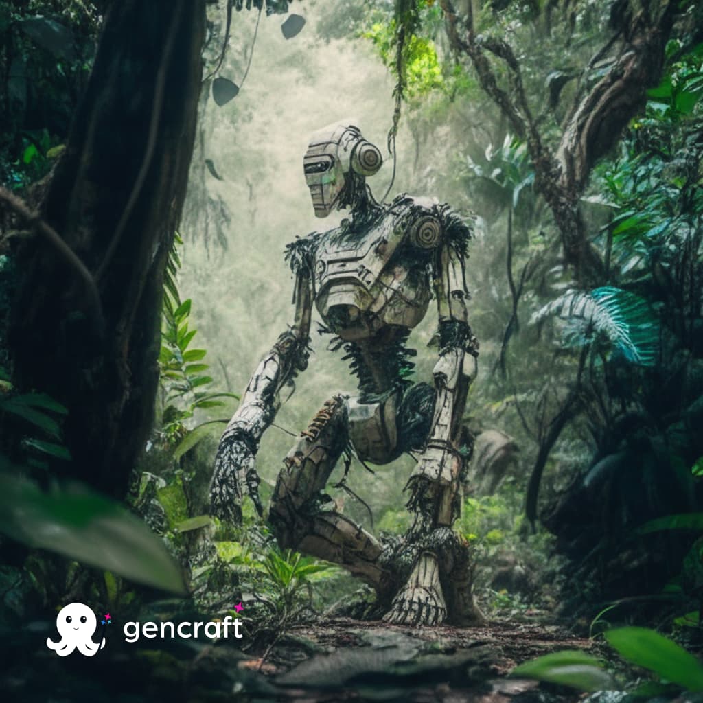an humanoid robot barefoot inside a jungle